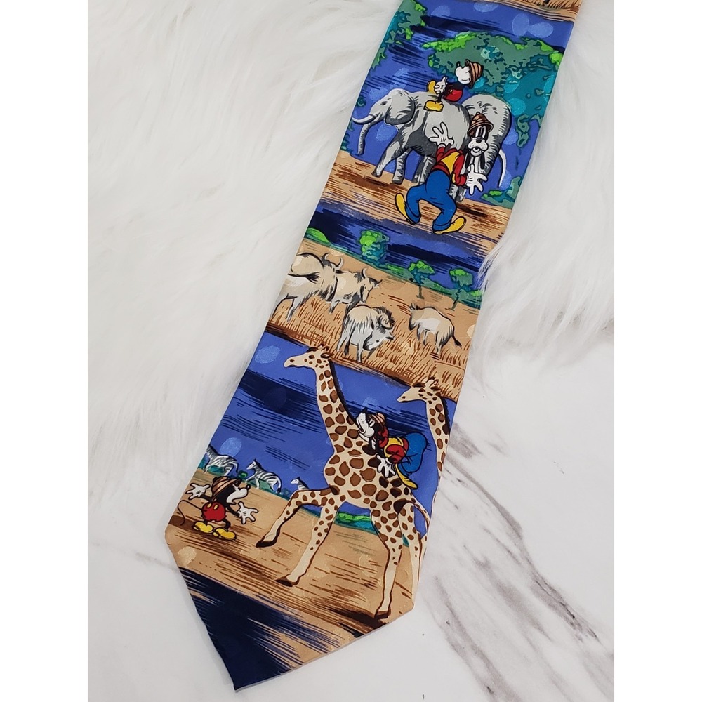 Vintage Disney Store Mickey Mouse Jungle Safari Silk Necktie blue